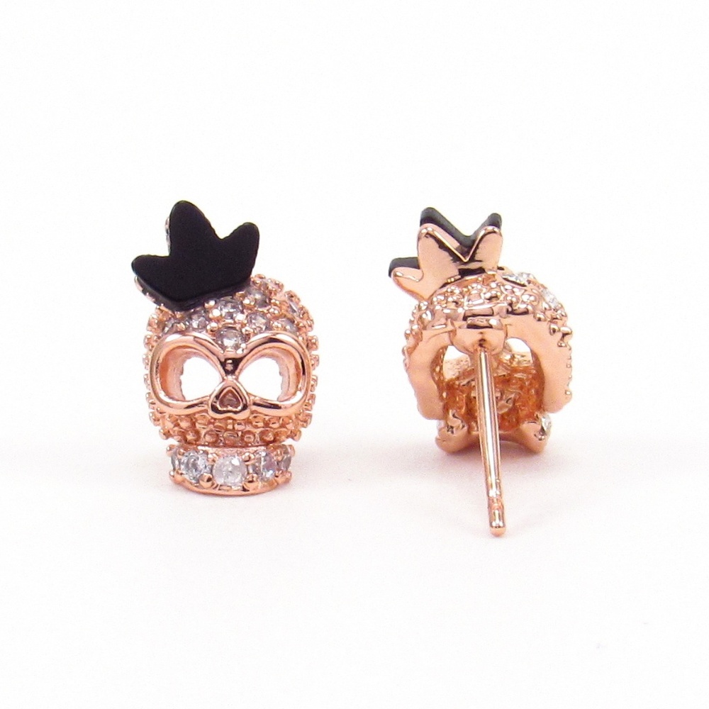 Skull Stud Earrings Crystal Pave 18K Rose Gold - Picture 2 of 4